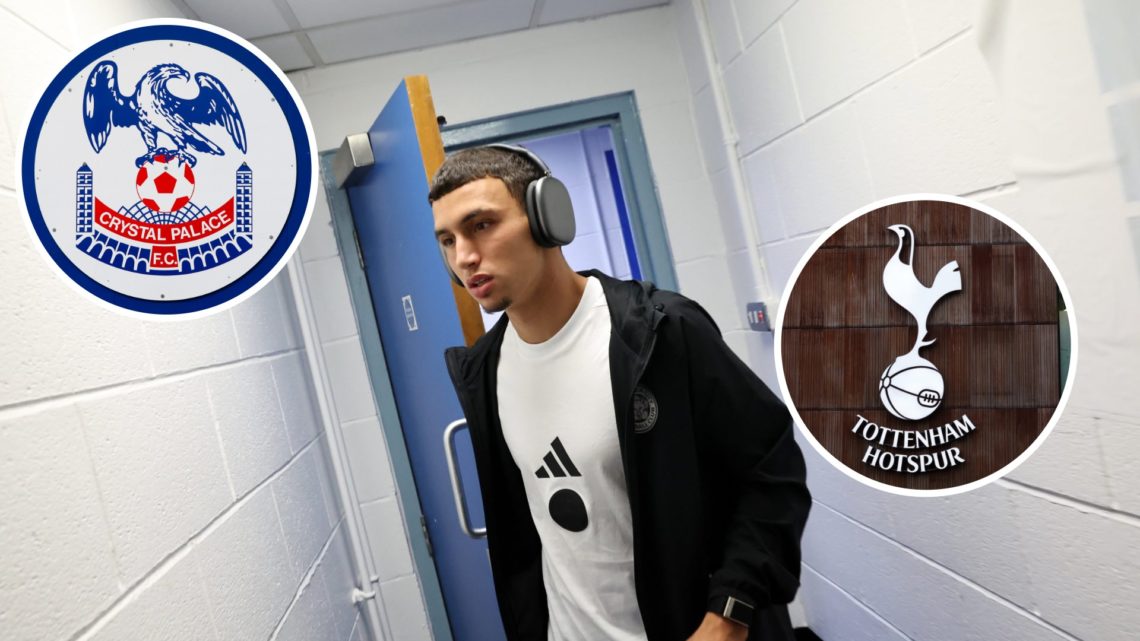 Bilal El Khannouss arrives for Leicester City vs Huddersfield Town, an inset of the Crystal Palace badge, an inset of the Tottenham Hotspur