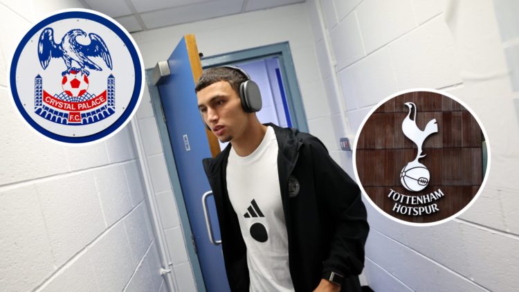 Bilal El Khannouss arrives for Leicester City vs Huddersfield Town, an inset of the Crystal Palace badge, an inset of the Tottenham Hotspur