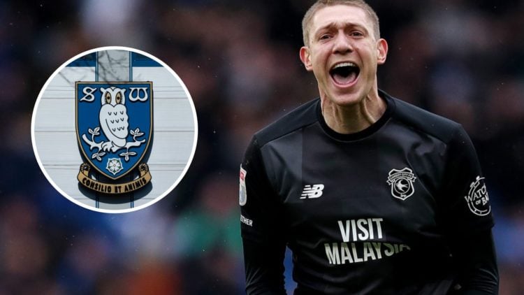 Ethan Horvath of Cardiff City celebrates. Inset: The Sheffield Wednesday club crest outside the Hillsborough Stadium, home of Sheffield Wednesday F...