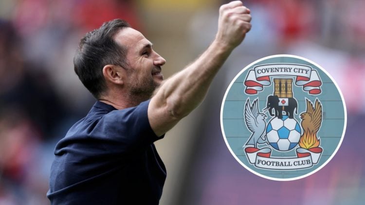 Coventry City manager Frank Lampard with club badge inset.