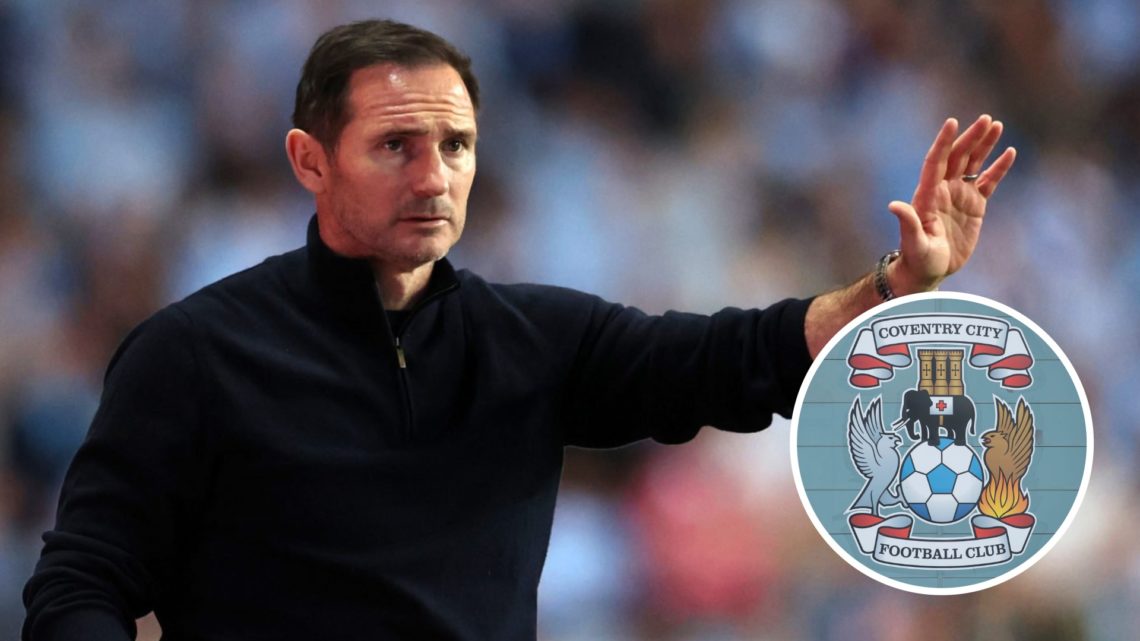 Coventry City manager Frank Lampard with club badge inset.