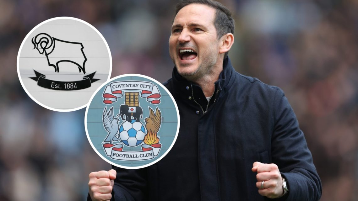 Coventry City FC manager Frank Lampard reacts to a Championship game. Overlaid, the Coventry City FC badge and the Derby County FC badge.