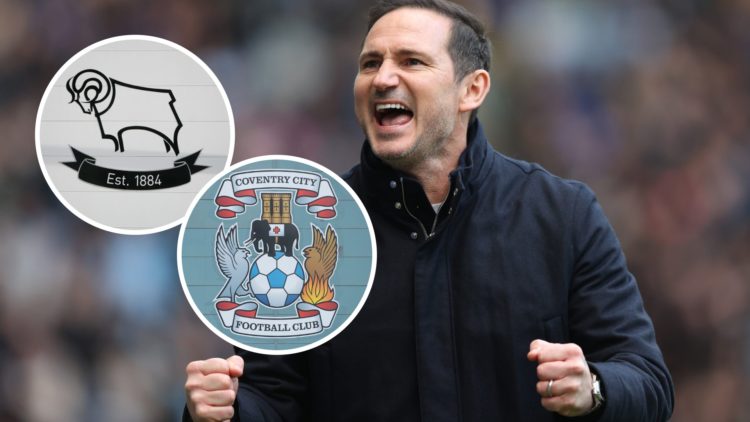 Coventry City FC manager Frank Lampard reacts to a Championship game. Overlaid, the Coventry City FC badge and the Derby County FC badge.