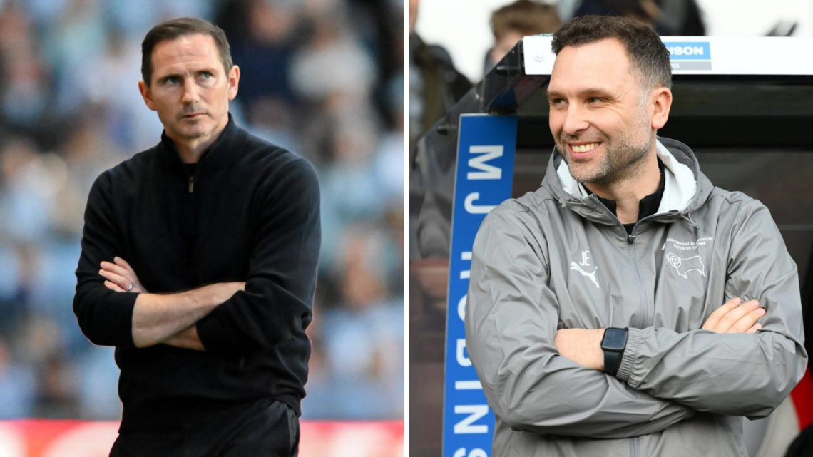 Frank Lampard watches on during Coventry City vs Sunderland (L). John Eustace manages Derby County during the Sky Bet Championship match between De...