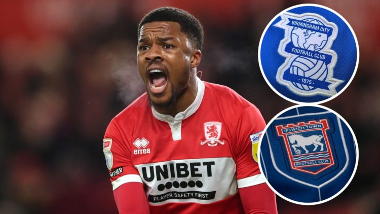 Middlesbrough striker Chuba Akpom reacts. Inset, Birmingham City crest. Inset, Ipswich Town crest