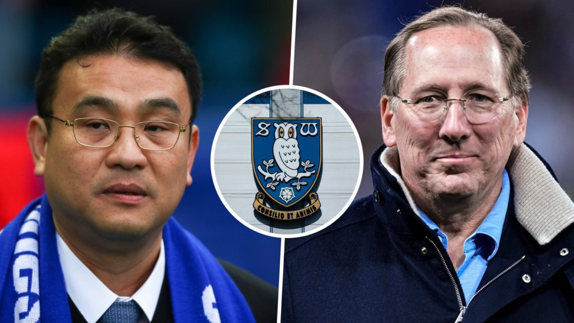Sheffield Wednesday FC owner Dejphon Chansiri, and John Textor watches a Ligue 1 game. Inset, the Sheffield Wednesday FC badge.