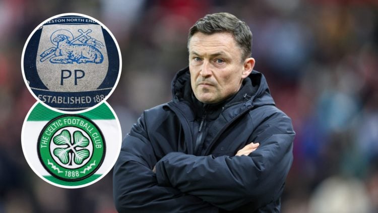 Paul Heckingbottom watches on during Sunderland vs Preston North End, an inset of the Preston North End badge, an inset of the Celtic badge