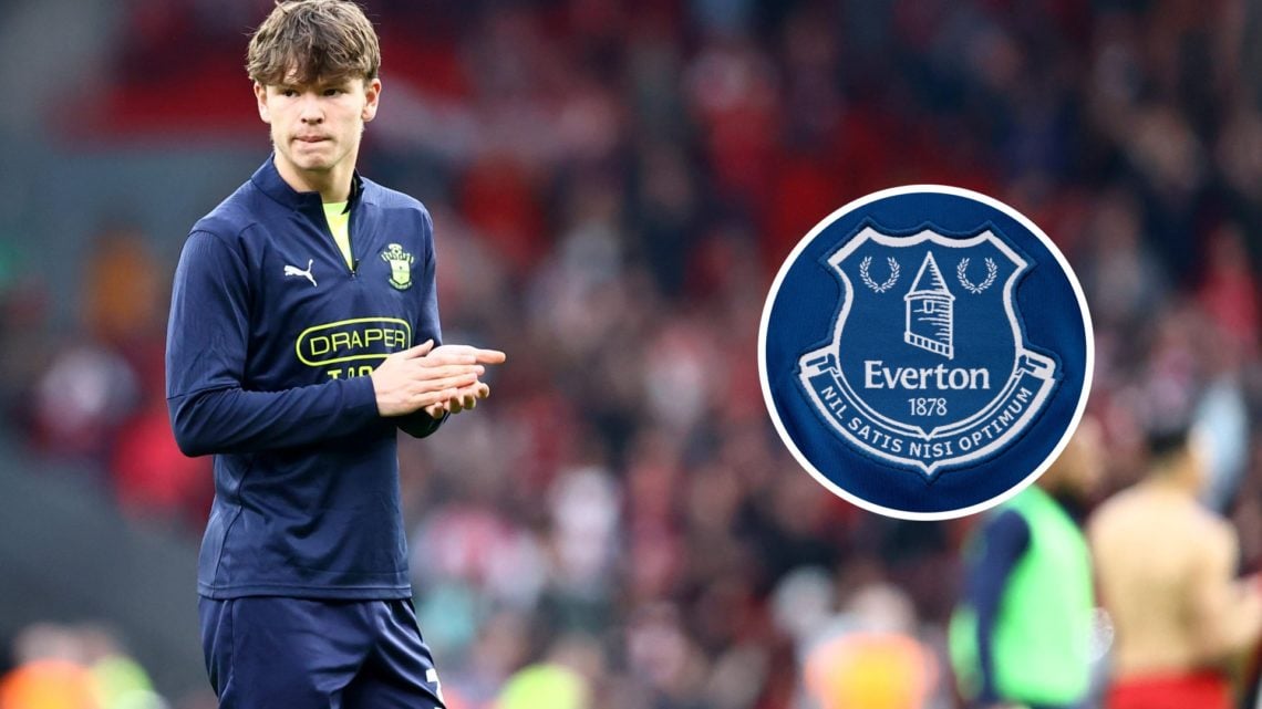 Tyler Dibling of Southampton during the Premier League match between Liverpool FC and Southampton FC. Inset, Everton badge