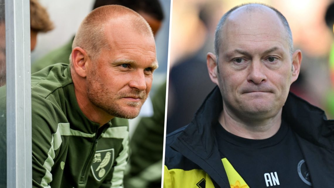 Norwich City FC manager Liam Manning reacts during a pre-season friendly, and Millwall FC manager Alex Neil reacts during a Championship game.