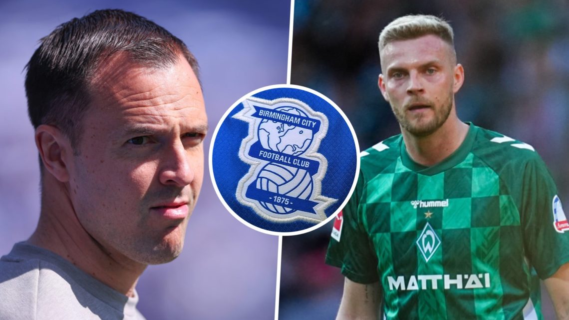 Birmingham City FC manager Chris Davies, and Werder Bremen striker Marvin Ducksch reacts during a Bundesliga game. Inset, the Birmingham City FC badge