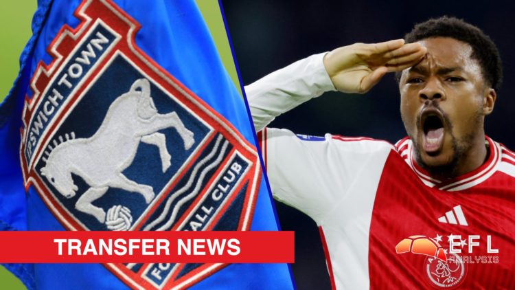 Split image showing the Ipswich Town badge on a corner flag and Ajax striker Chuba Akpom