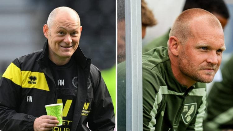 Alex Neil taking charge of Millwall against Derby County (L), Liam Manning watches Norwich City v Olympiacos - Pre-Season Friendly (R)