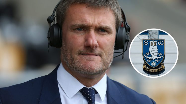 Sky Sports presenter Andy Hinchcliffe looks on prior to the Sky Bet League Two Semi Final First Leg between Burton Albion and Southend United. Inse...