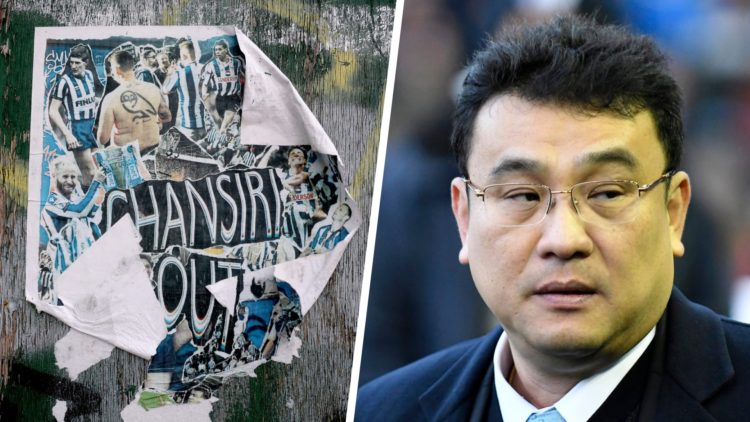 Posters around Hillsborough with displaying "Chansiri Out" (left), Sheffield Wednesday owner Dejphon Chansiri (right).