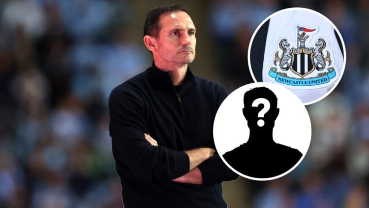 Frank Lampard watches on from the Coventry City dugout, an inset of a detailed view of the Newcastle United badge on the front of the home shirt, a...