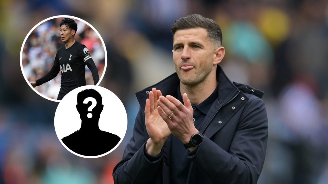 Portsmouth manager John Mousinho. Inset, former Spurs star Heung-min Son and mystery player graphic.