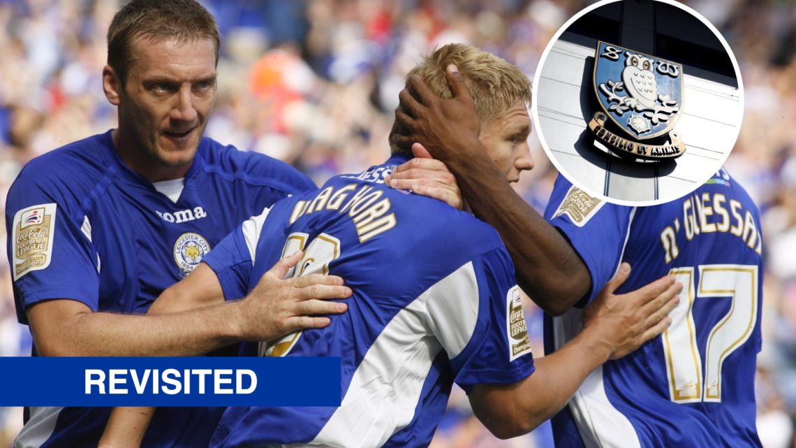 Steve Howard celebrates Martyn Waghorn's goal during Leicester City vs Swansea City, an inset of the Sheffield Wednesday badge