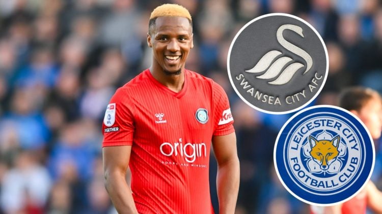 Richard Kone (24 Wycombe Wanderers) looks on during the Sky Bet League 1 match between Peterborough and Wycombe Wanderers. Inset, Leicester City ba...