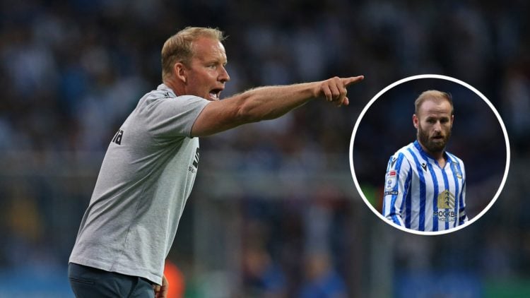 Head coach Henrik Pedersen of Eintracht Braunschweig gestures. Inset, Barry Bannan of Sheffield Wednesday looks on