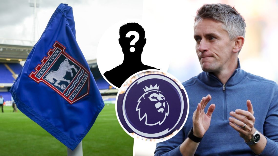 Ipswich Town FC badge on a corner flag at Portman Road Stadium, and Ipswich Town FC head coach Kieran McKenna. Inset, the Premier League logo and a...
