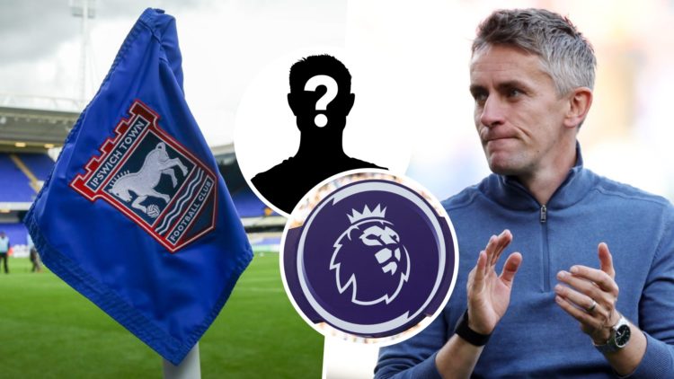 Ipswich Town FC badge on a corner flag at Portman Road Stadium, and Ipswich Town FC head coach Kieran McKenna. Inset, the Premier League logo and a...