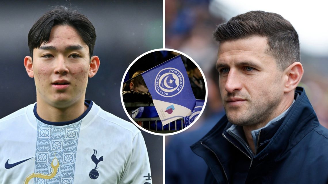 Portsmouth FC manager John Mousinho, and Min-hyeok Yang warms up for Tottenham Hotspur FC. Inset, fans waving a Portsmouth FC flag.