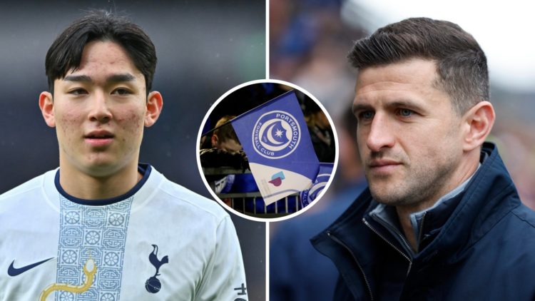 Portsmouth FC manager John Mousinho, and Min-hyeok Yang warms up for Tottenham Hotspur FC. Inset, fans waving a Portsmouth FC flag.