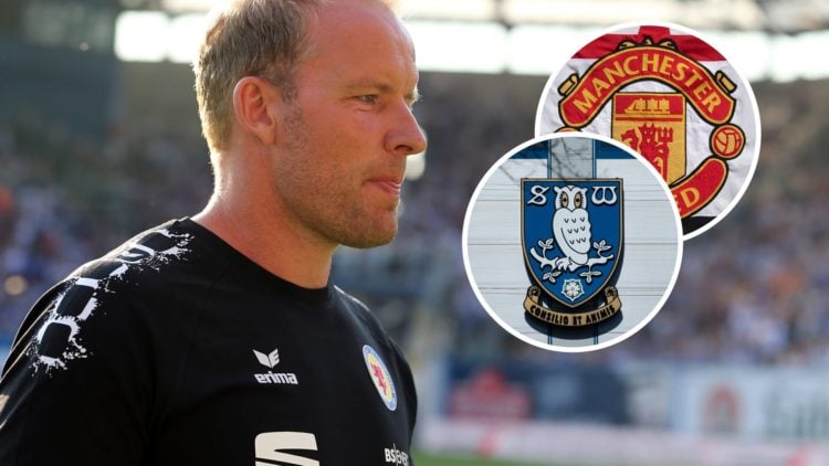 Sheffield Wednesday Head coach Henrik Pedersen. The Manchester United club badge on a banner. The Sheffield Wednesday club crest outside the Hillsb...
