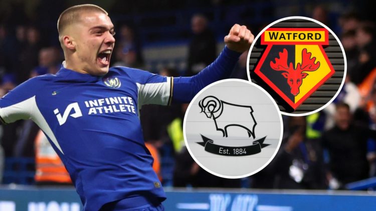 Alfie Gilchrist celebrates after scoring a goal for Chelsea FC. Inset, the Watford FC badge and Derby County FC badge.
