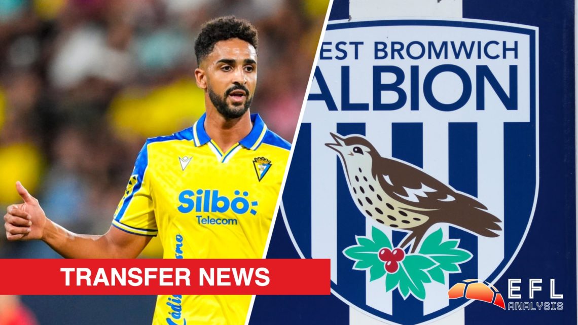 Split image showing Cadiz striker Chris Davies and the West Brom badge