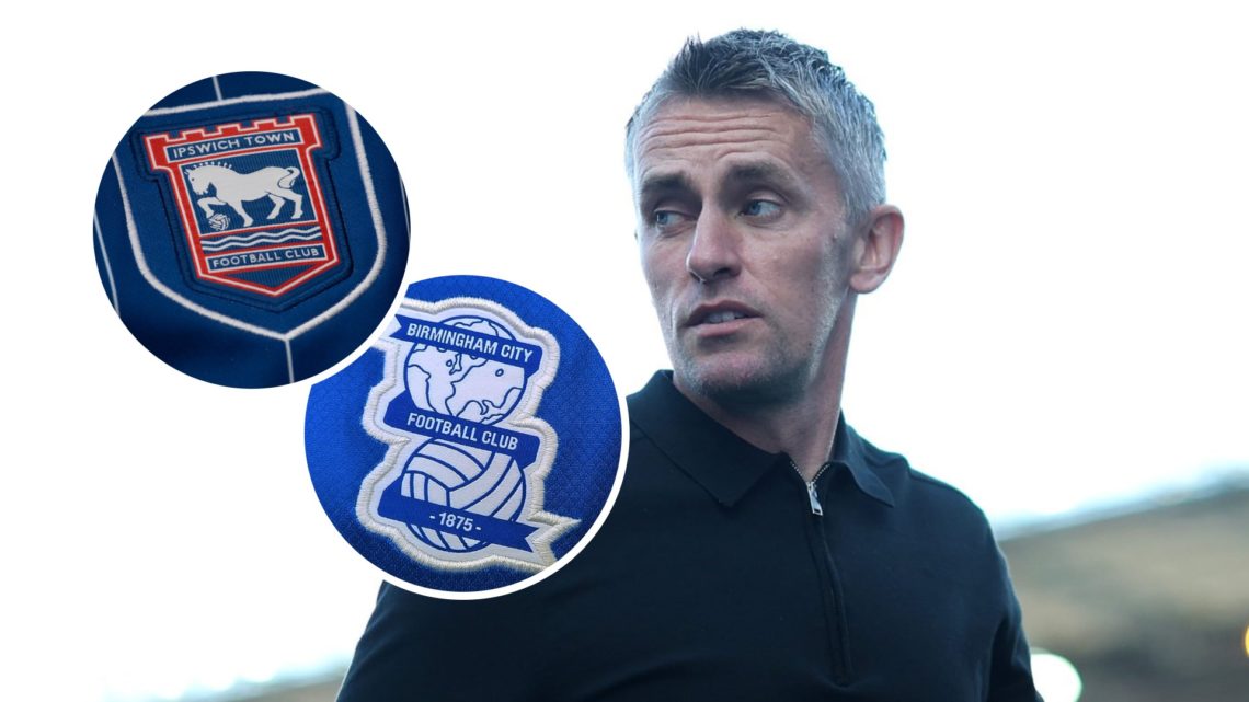 Ipswich Town FC head coach Kieran McKenna before the Championship game against Birmingham City FC at St Andrew's. Inset, the Ipswich Town FC badge ...