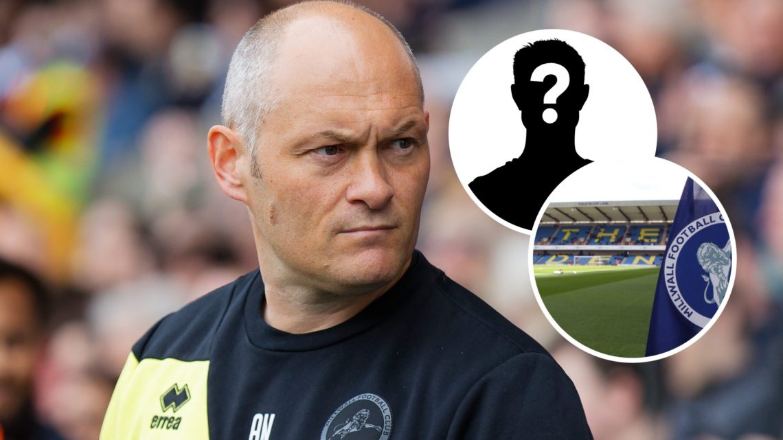 Millwall FC manager Alex Neil before a Championship game. Inset, the Millwall FC badge on a corner flag and a mystery player.