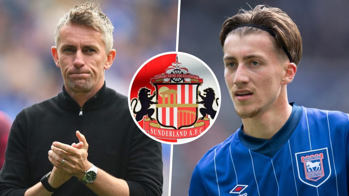 Ipswich Town FC manager Kieran McKenna and player Jack Clarke. Inset, the Sunderland AFC badge.