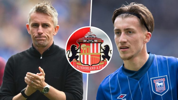 Ipswich Town FC manager Kieran McKenna and player Jack Clarke. Inset, the Sunderland AFC badge.