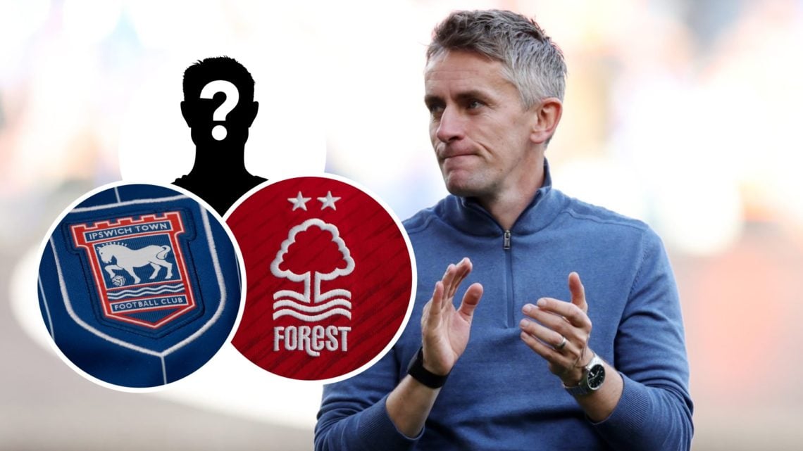 Ipswich Town FC manager Kieran McKenna. Inset, the Ipswich Town FC badge and Nottingham Forest FC badge, and a mystery player.