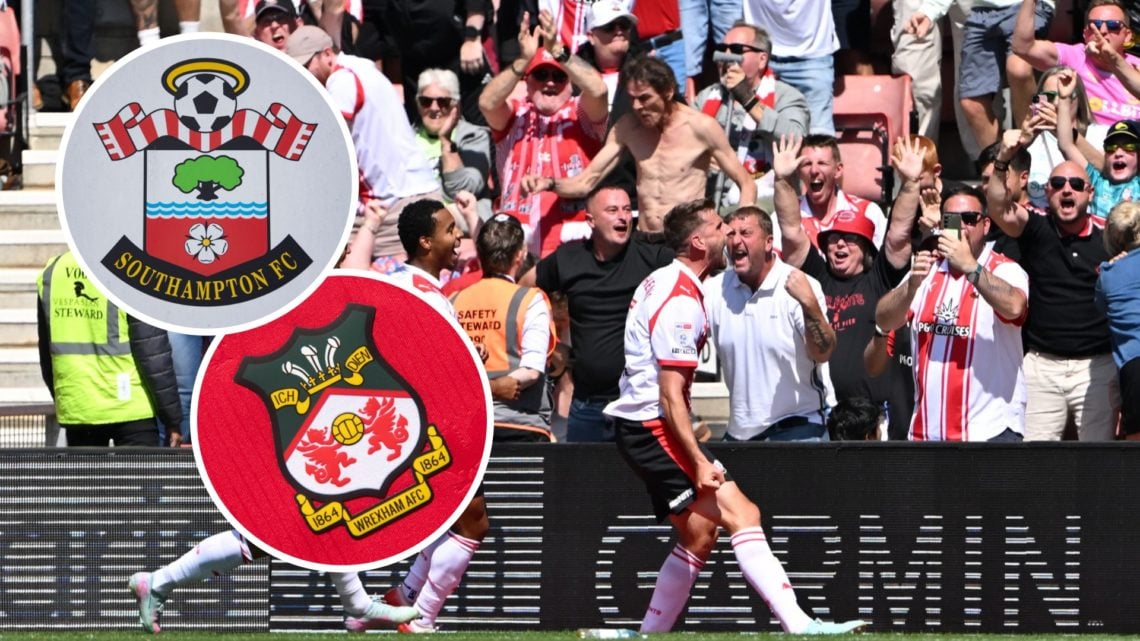 Southampton FC players celebrate after scoring against Wrexham AFC. Inset, the Southampton FC badge and Wrexham AFC badge.