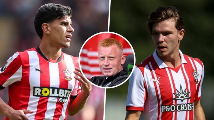 Mateus Fernandes in action for Southampton FC and Tyler Dibling reacts during a pre-season friendly for Southampton FC. Inset, Southampton FC head ...