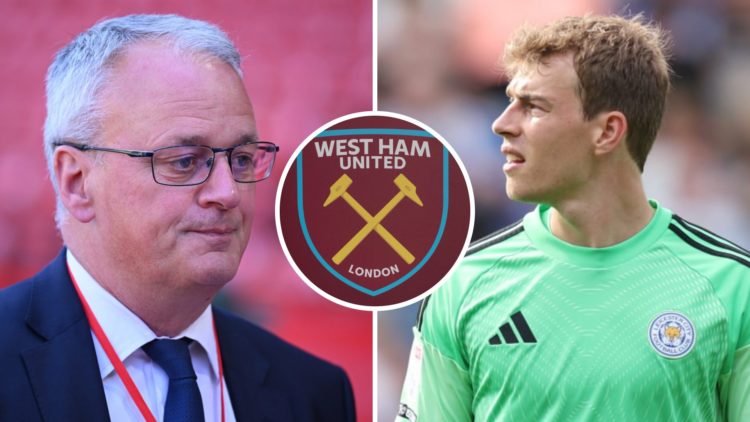 Leicester City FC director of football John Rudkin and Leicester City FC goalkeeper Mads Hermansen. Inset, the West Ham United badge