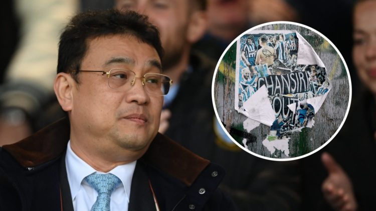 Sheffield Wednesday owner Dejphon Chansiri looks on. Inset: Posters around Hillsborough with displaying "Chansiri Out"