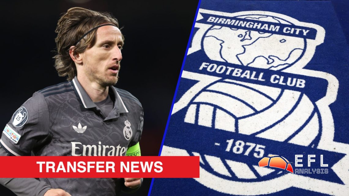 Split image showing Real Madrid legend Luka Modric and the Birmingham City badge