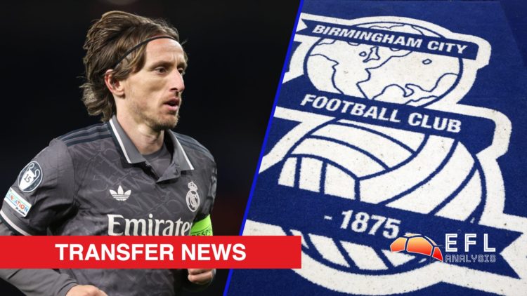Split image showing Real Madrid legend Luka Modric and the Birmingham City badge
