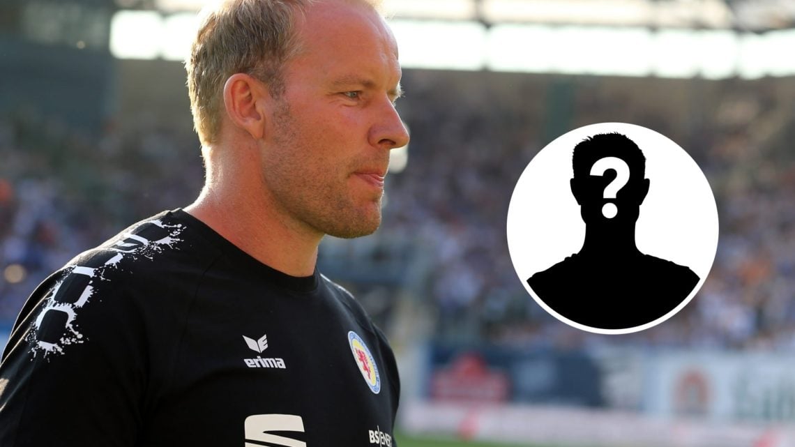 Head coach Henrik Pedersen of Braunschweig looks on during the 3.Liga match between FC Hansa Rostock and Eintracht Braunschweig. Inset, Mystery Player