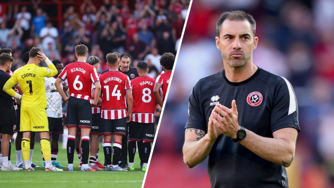 Ruben Selles speaks to Sheffield United players on the pitch after losing to Bristol City, Ruben Selles walks out at Bramall Lane to meet the fans