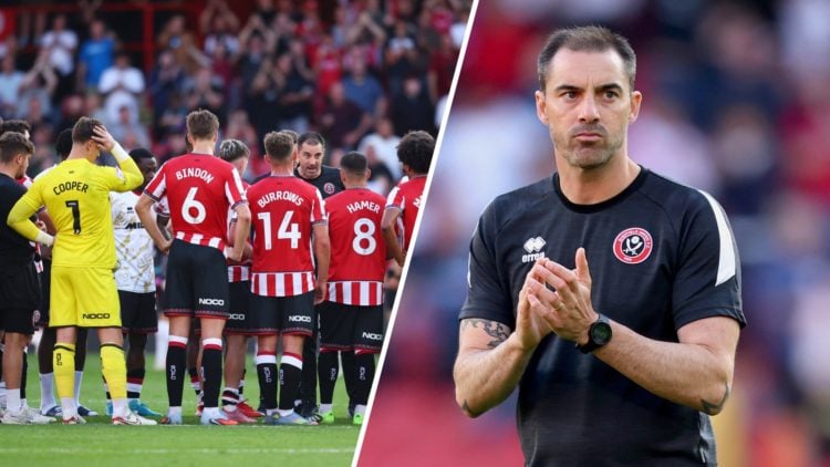Ruben Selles speaks to Sheffield United players on the pitch after losing to Bristol City, Ruben Selles walks out at Bramall Lane to meet the fans