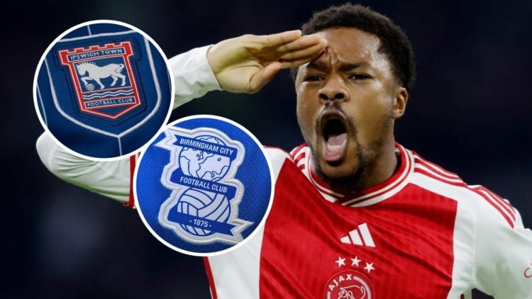 Chuba Akpom reacts after scoring a goal for Ajax. Inset, the Ipswich Town FC badge and Birmingham City FC badge.