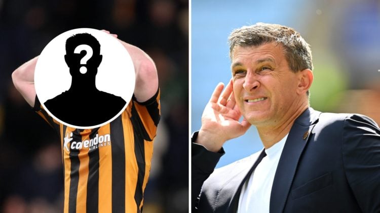 Joe Gelhardt reacts to a decision during Hull City vs Coventry City, an inset of a mystery man, Sergei Jakirovic reacts during Coventry City vs Hul...