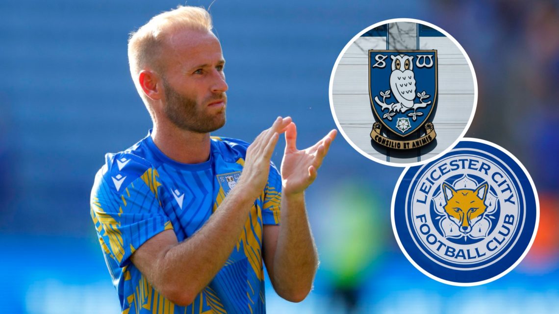 Barry Bannan applauds the Sheffield Wednesday fans at the King Power Stadium. Inset, the Sheffield Wednesday FC badge and the Leicester City FC badge.