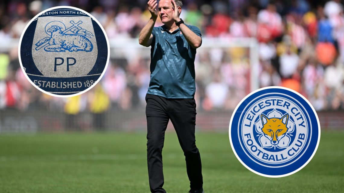 Phil Parkinson applauds the Wrexham fans after losing to Southampton, an inset of the Preston North End badge, an inset of the Leicester City club ...