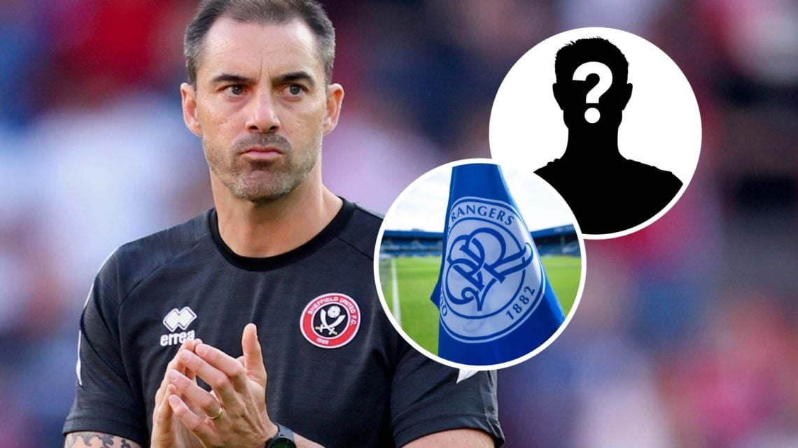 Sheffield United FC head coach Ruben Selles applauds the fans after defeat against Bristol City. Inset, the Queens Park Rangers badge on a corner f...