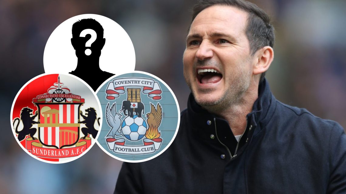 Coventry City FC manager Frank Lampard celebrates in a Championship game. Inset, a mystery player, the Coventry City FC badge and the Sunderland AF...